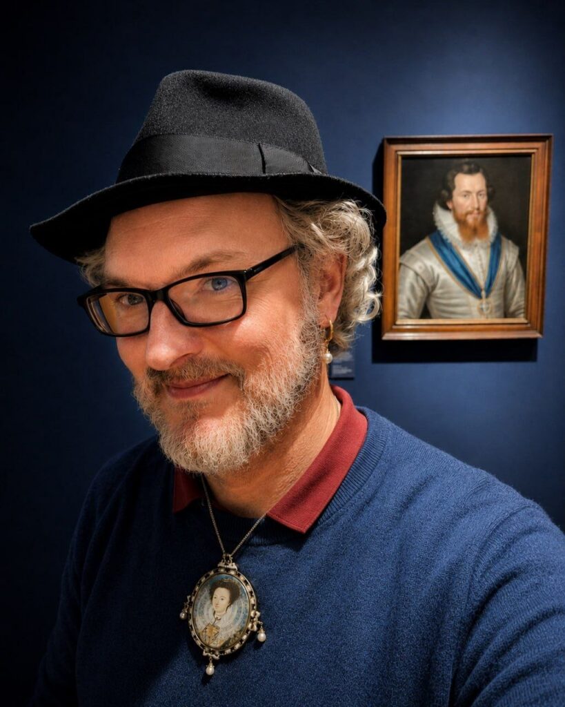 Beppe Roncari alla National Portrait Gallery di Londra davanti a un ritratto di Robert Devereux, secondo conte di Essex, 2025.